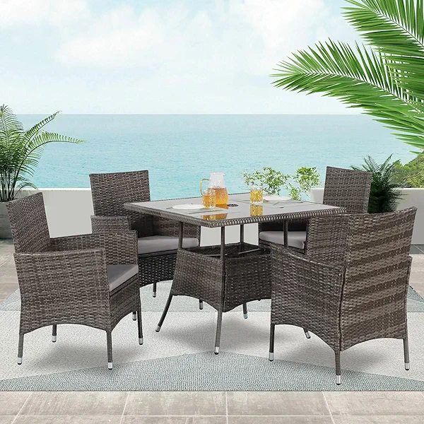 Wisteria Lane 5-Piece Wicker Outdoor Table and Chairs, Patio Dining Set w/Square Glass Tabletop and Umbrella Hole, Patio Table and Chairs Set for Backyard Deck Balcony Front Porch, Brown