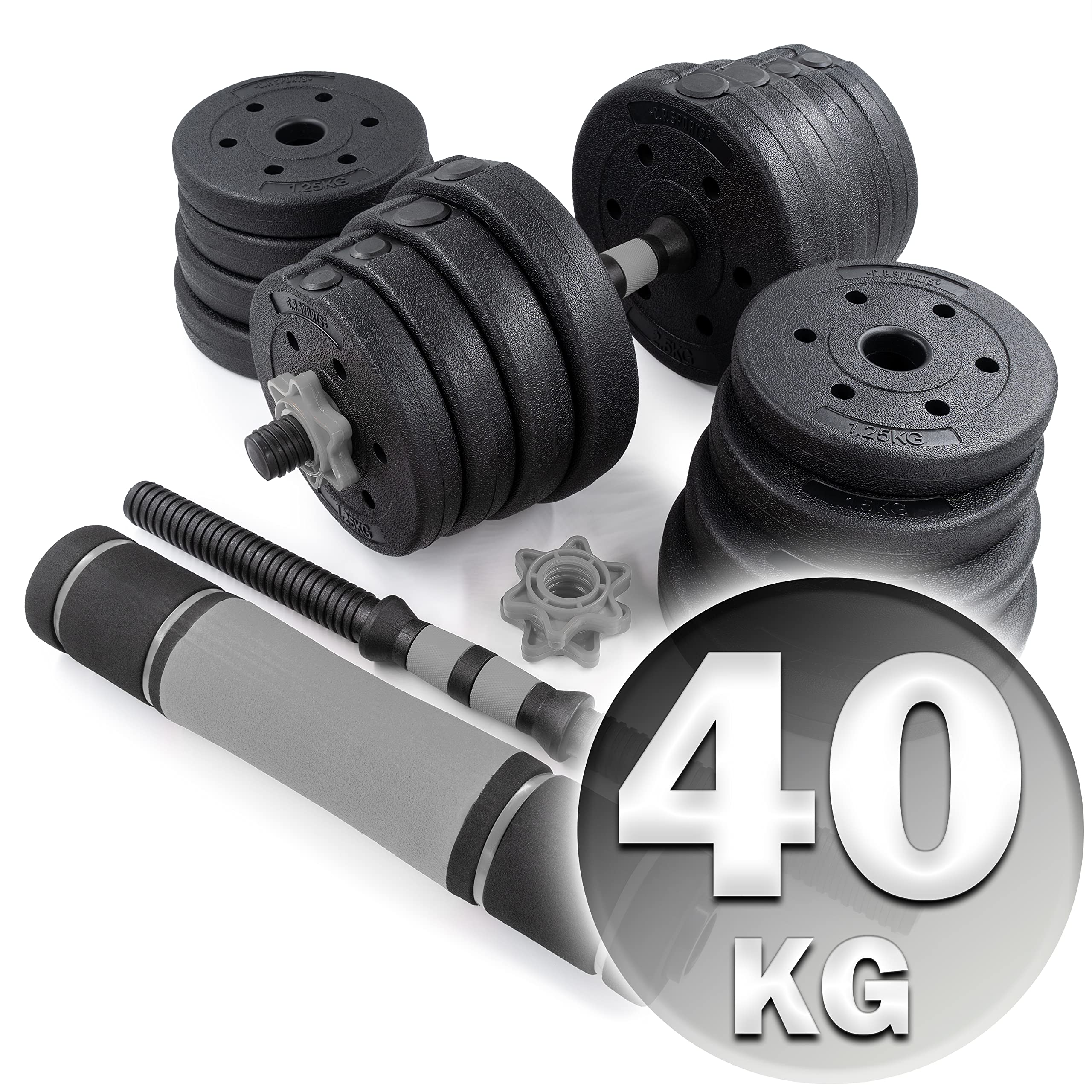 C.P.Sports 2in1 Zestaw hantli i sztang 30kg | 4x 1,25kg - 4x 1,5kg - 4x 2,0kg - 4x 2,5kg - 2x uchwyty | plastikowe talerze do ćwiczeń siłowych, fitness, domowej siłowni | 4 kolory