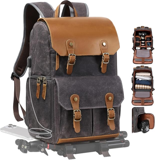 Padwa Lifestyle Black Gray Camera Backpack - Weather Resistant Waxed Memory Canvas Camera Backpacks for Photographers,Multi DSLR SLR Camera Bag with 16” Laptop & Lens Compartment and Tripod Holder