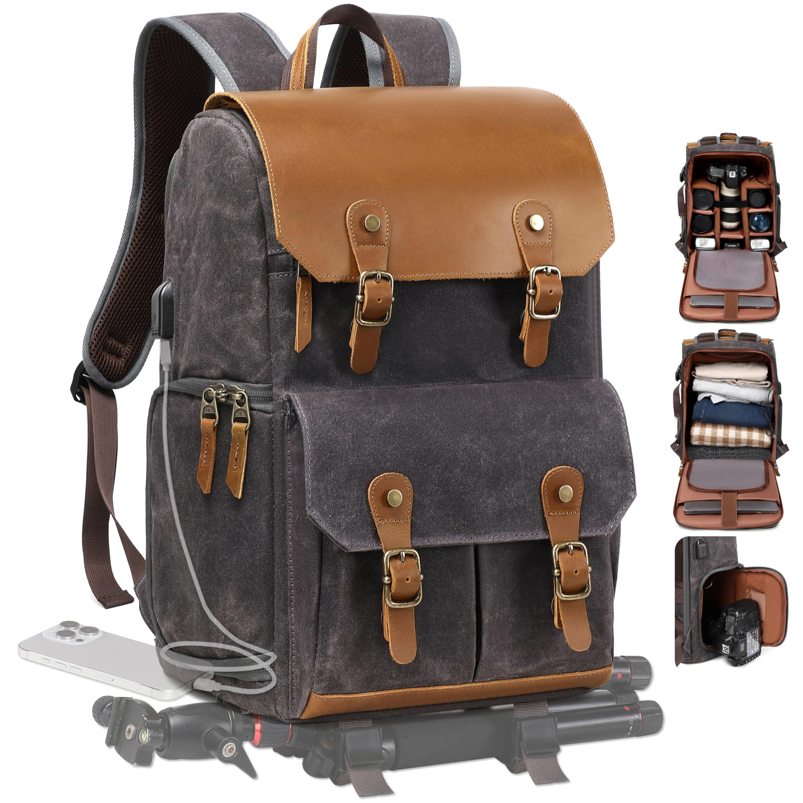 Padwa Lifestyle Gray Black Camera Backpack - Weather Resistant Waxed Memory Canvas Large Camera Bag, Multi DSLR Camera Backpacks for Photographers with 16” Laptop & Lens Compartment,Tripod Holder