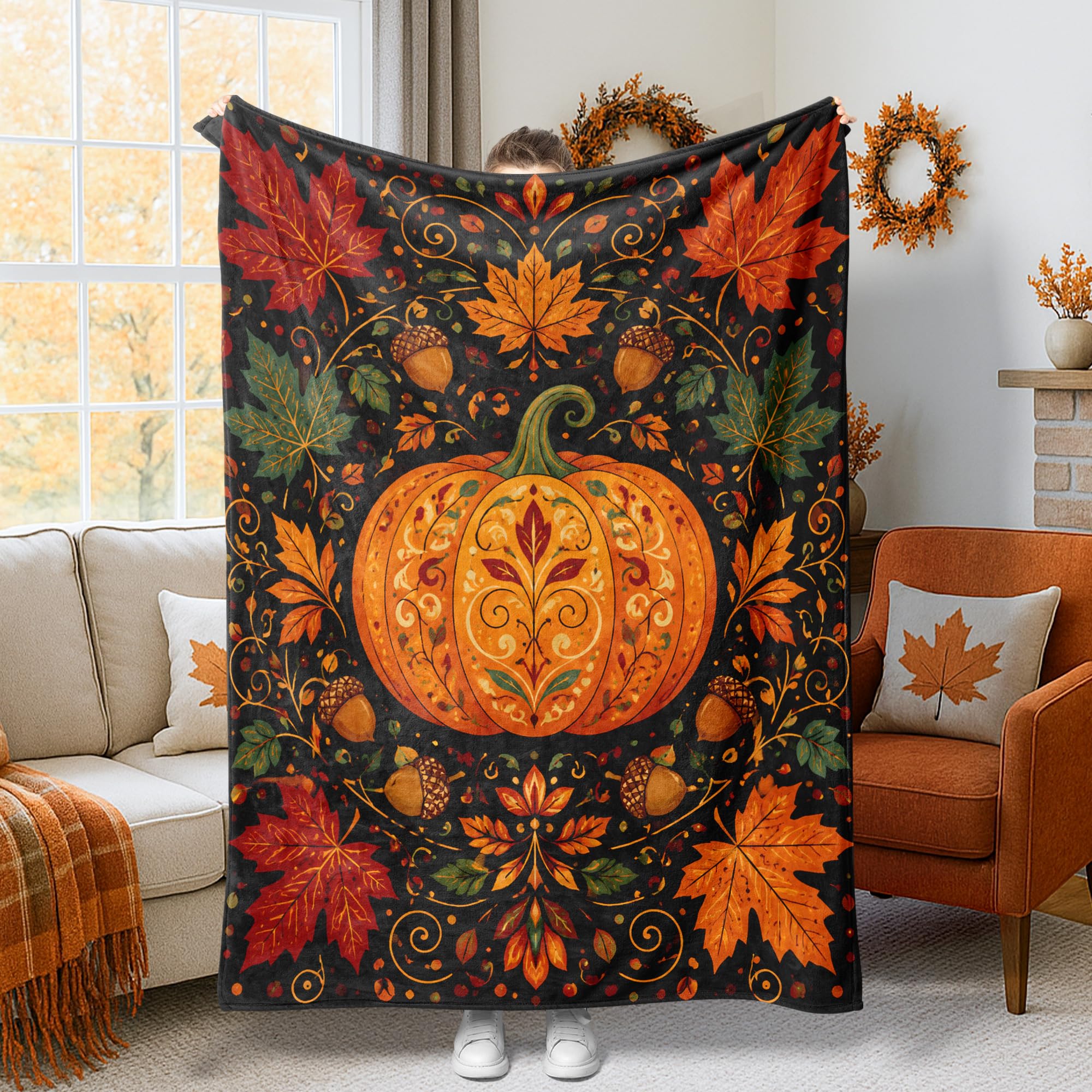 Couverture automne douce feuilles d'érable et glands pour lit et sofa