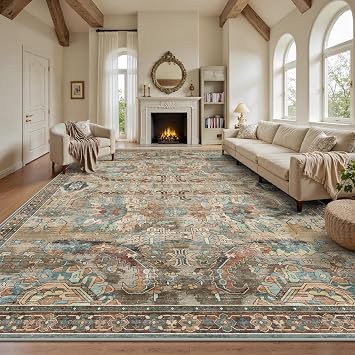8x10 Area Rugs, Vintage Retro Soft Washable Rug, Non-Slip Low Pile Rugs for Living Room, Bedroom, Dining Room, Stain Resistant Home Decor Rug Vintage Olive Green