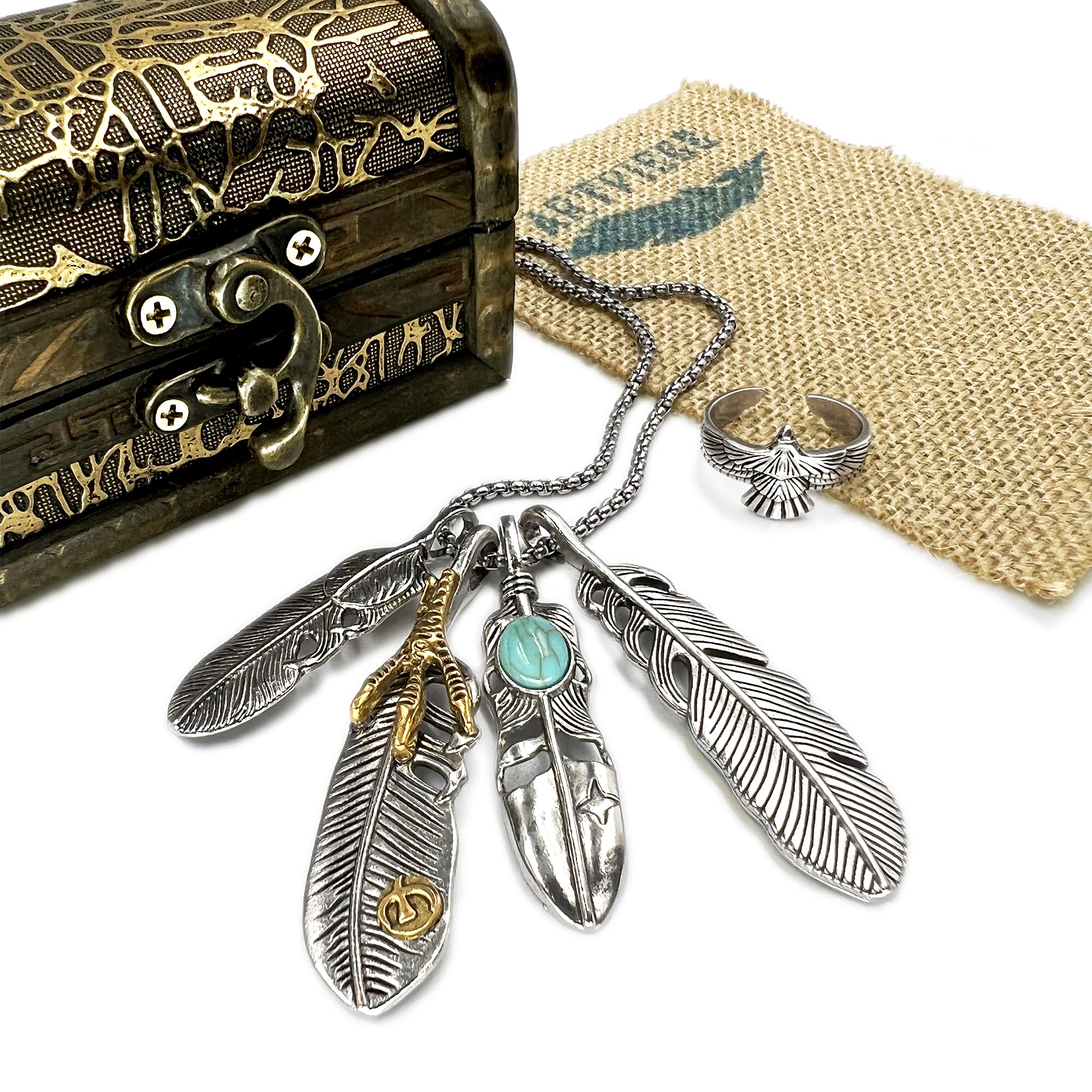 ARTPIECEfeather necklace native american gifts for men hawks tribal pendant 316L long chain stainless steel mens