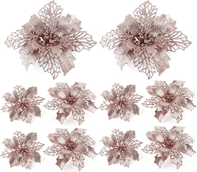 ABSOFINE Flower Ornaments for Christmas Tree 24Pcs Champagne Poinsettia Christmas Decorations with 30 Sliver Clips Plastic Artificial Christmas Flowers