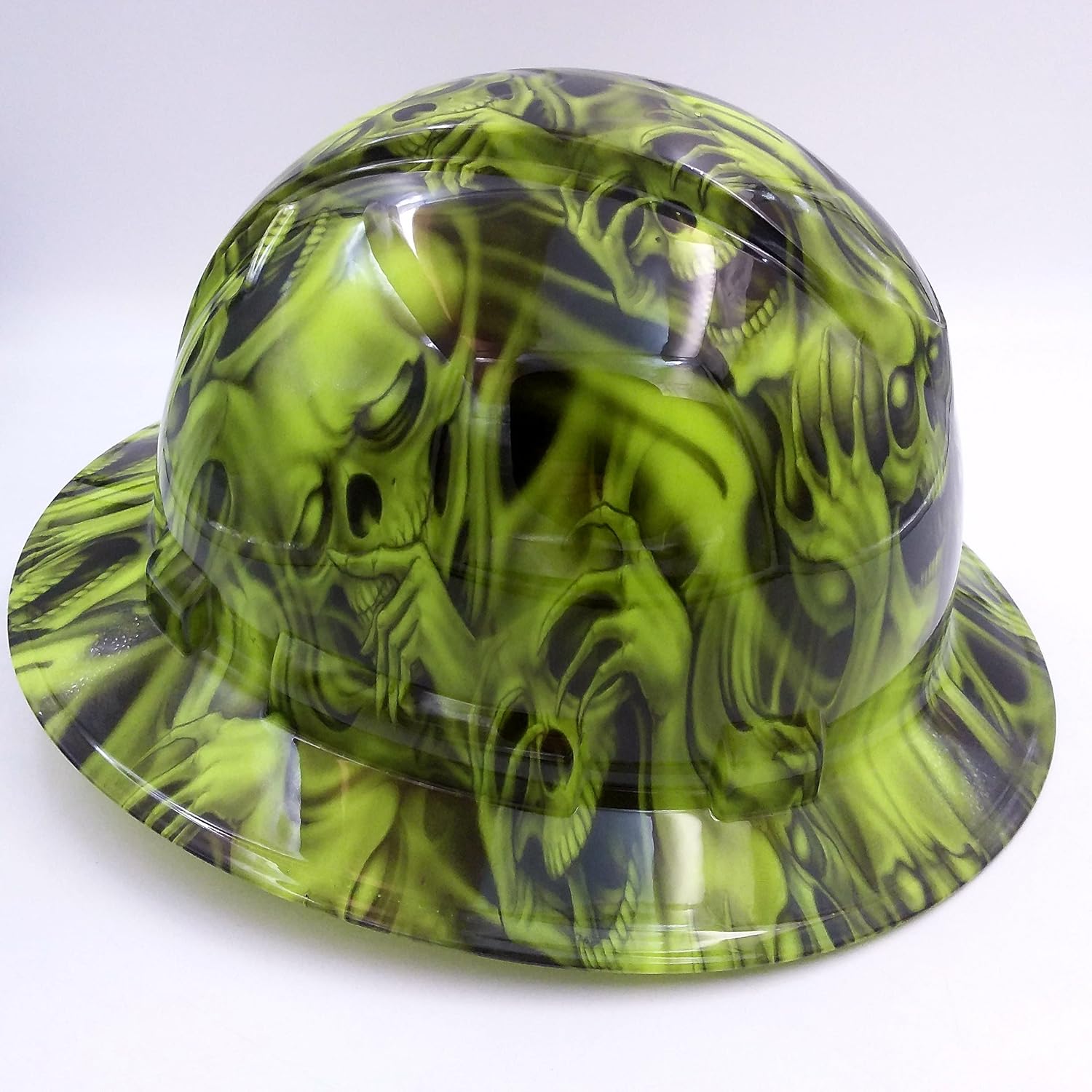 Wet Works Imaging Customized Pyramex Full Brim HI VIS Green See NO Evil Skulls Hat with Ratcheting Suspension