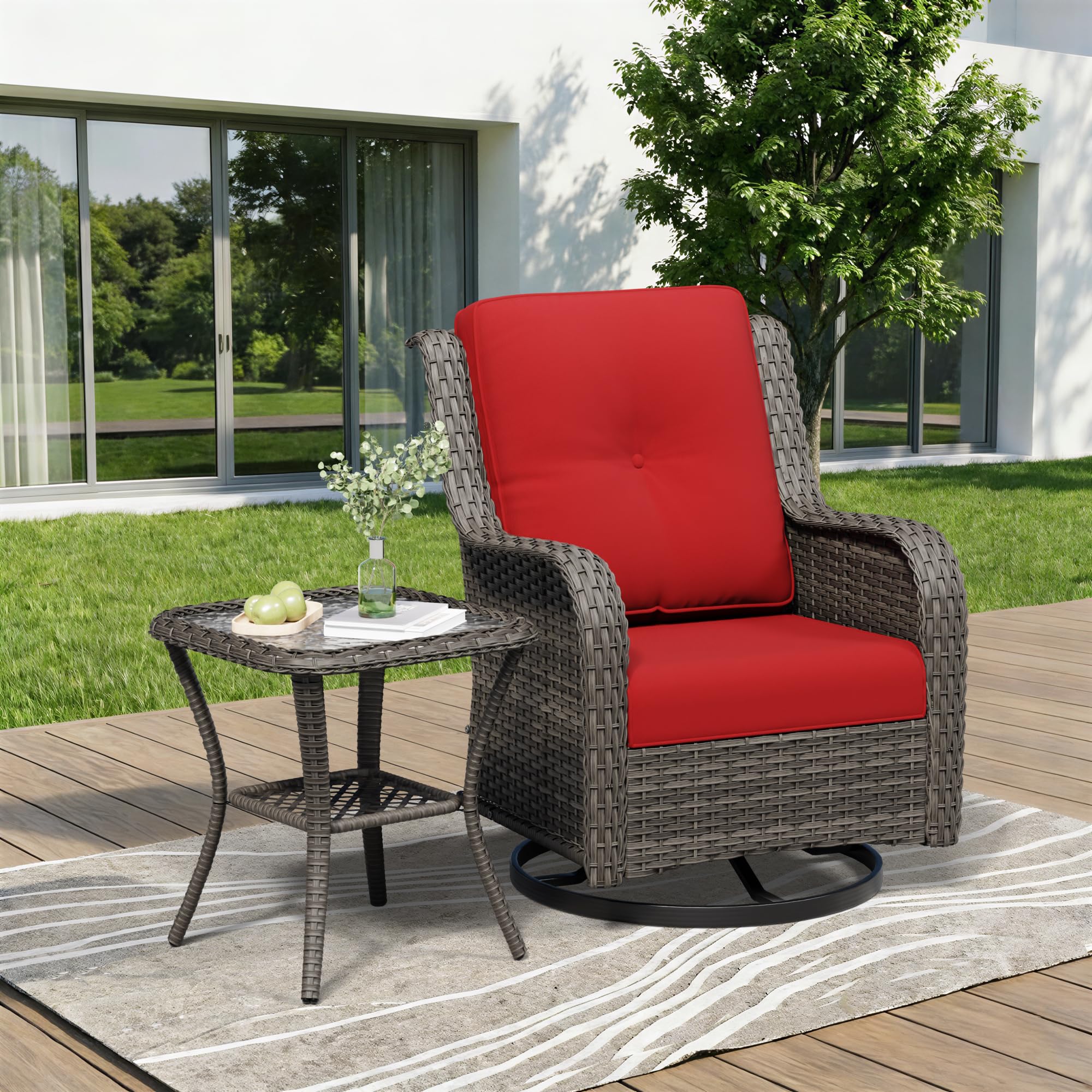2 Pieces Outdoor Swivel Rocker Patio Chairs Set - Outdoor Wicker Patio Furniture Sets with 1 Side Table, Olefin Fabric Cushions Suitable for Backyard Deck and Porch, Red