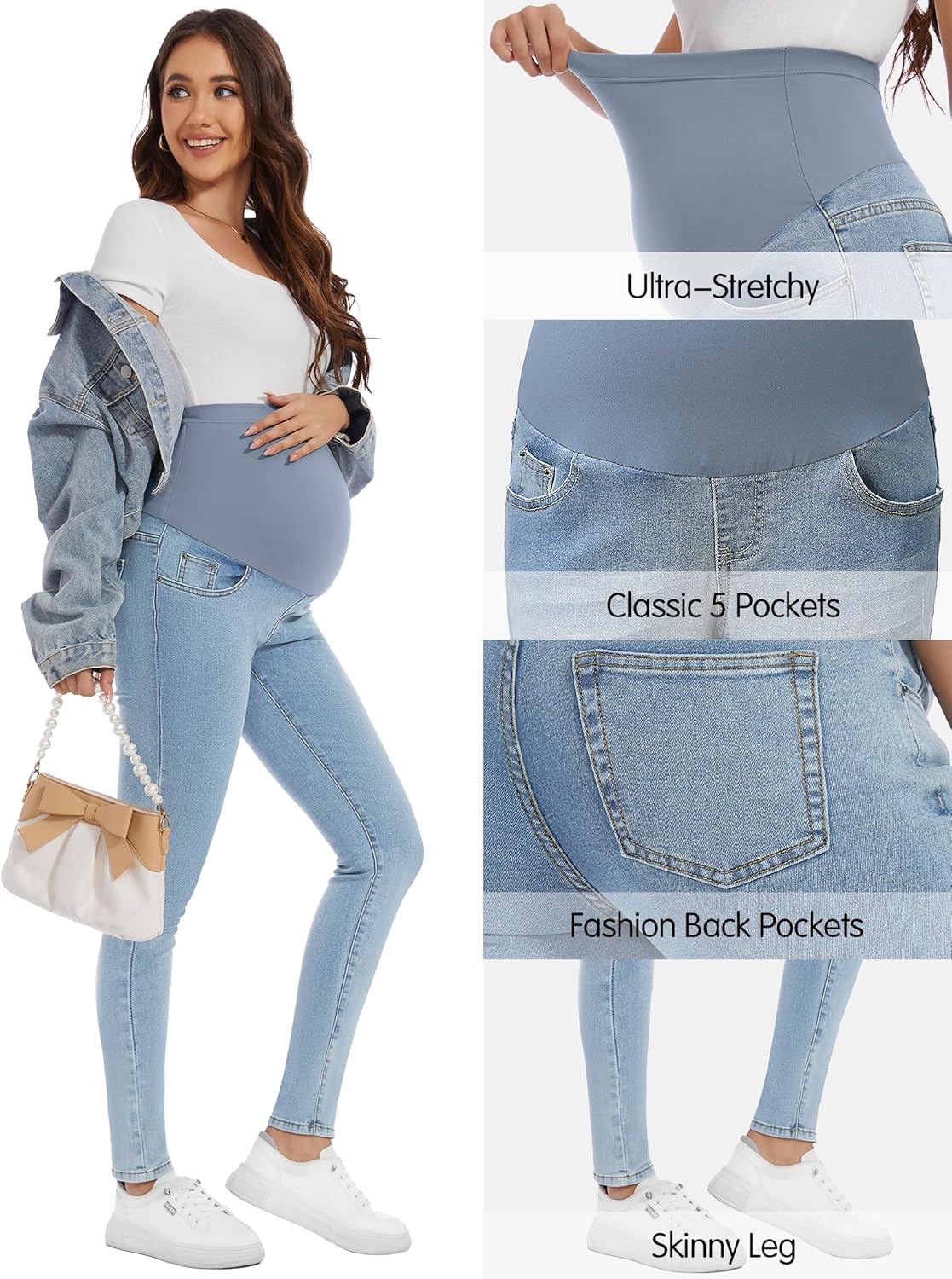 PACBREEZE Women’s Maternity Jeans Over Belly Skinny Stretchy Denim Pants Comfy Slim Pregnancy Pants