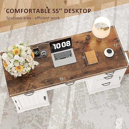 Vista 5 de Whalefall Escritorio de granja de 55 pulgadas para oficina en casa con cajones, escritorio ejecutivo para computadora de madera con archivador