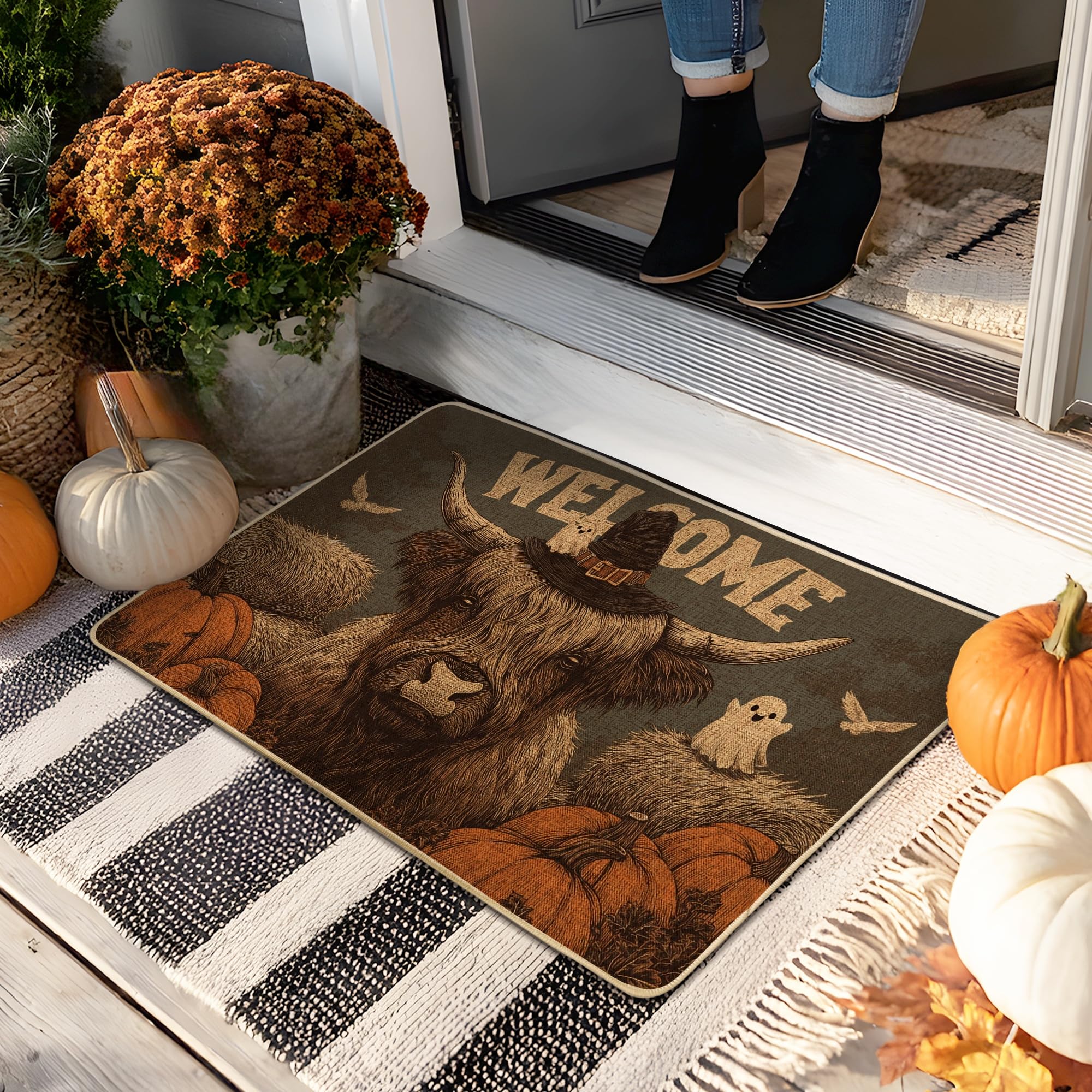 Autumn Welcome Doormat, Brown Highland Cow Door Mat for Indoor & Outdoor Entryway Fall Decor, Rubber Waterproof Non-Slip Dust Control Front Mats, Easy to Clean 29x17 Inch