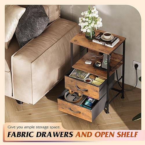 Miniatura 6 de WLIVE Mesita de noche con estación de carga, mesita de noche LED con 2 cajones de tela y estante de almacenamiento, mesitas de noche pequeñas para