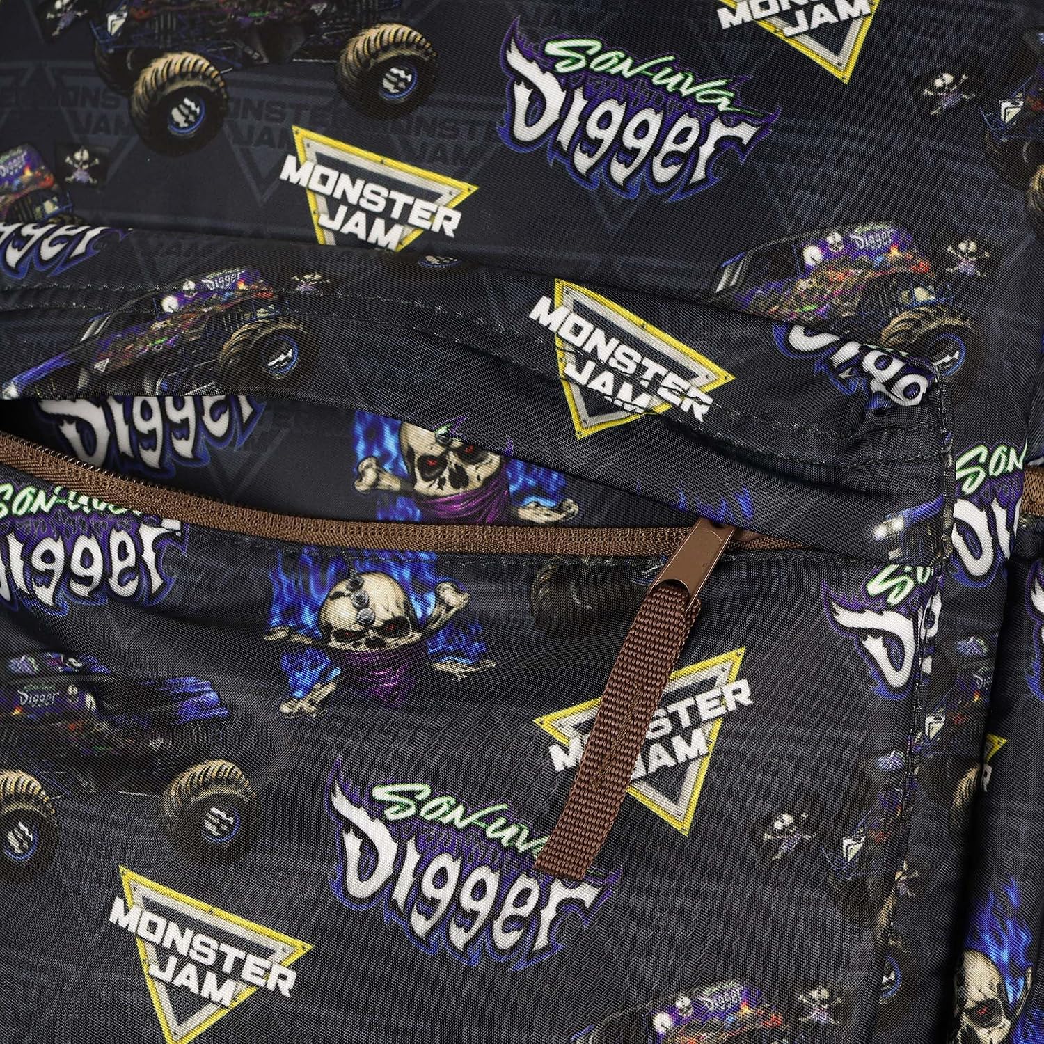 INTIMO Monster Jam Backpack Allover Son-Uva Digger Print Design 16" Book Bag Adjustable Straps Bottom School Tech Sleeve