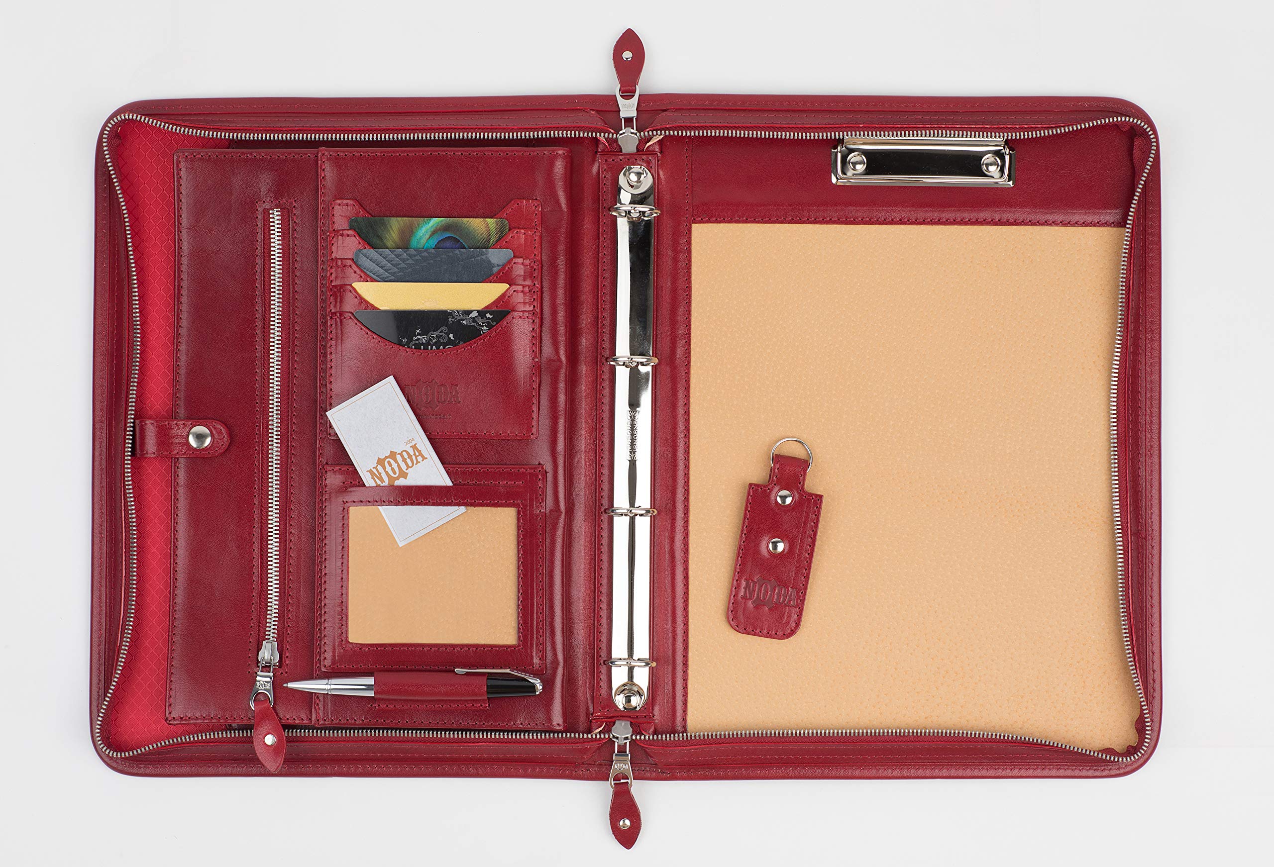 Noda Executive - Raccoglitore a 4 anelli in pelle, con chiusura a cerniera, per curriculum, documenti, blocco note, tablet, blocco appunti per scrivere | Uomini e donne, colore: Rosso