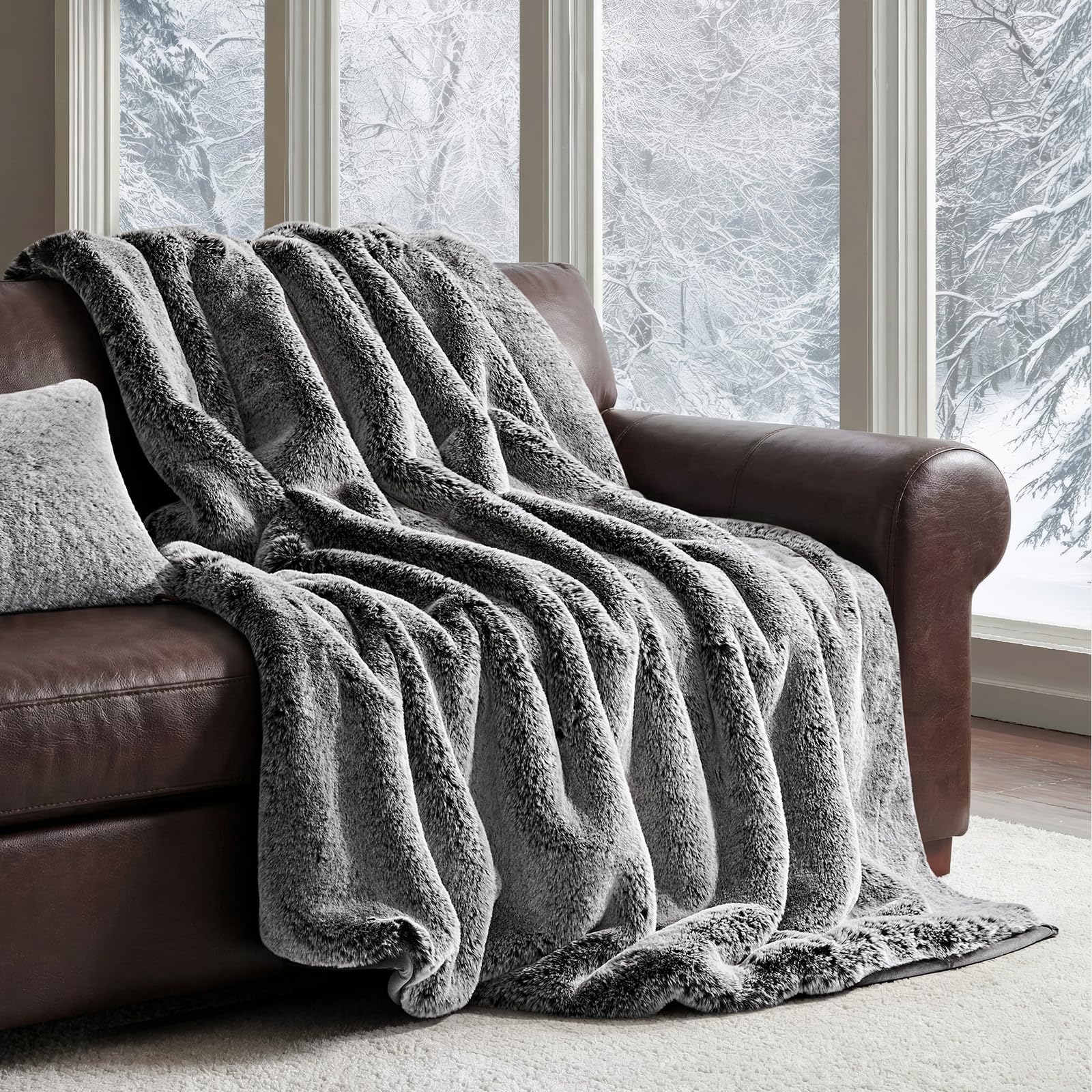 Photo 1 of EVERGRACEHOME Faux Chinchilla Fur Throw Blanket, 60"x80", Onyx Mink