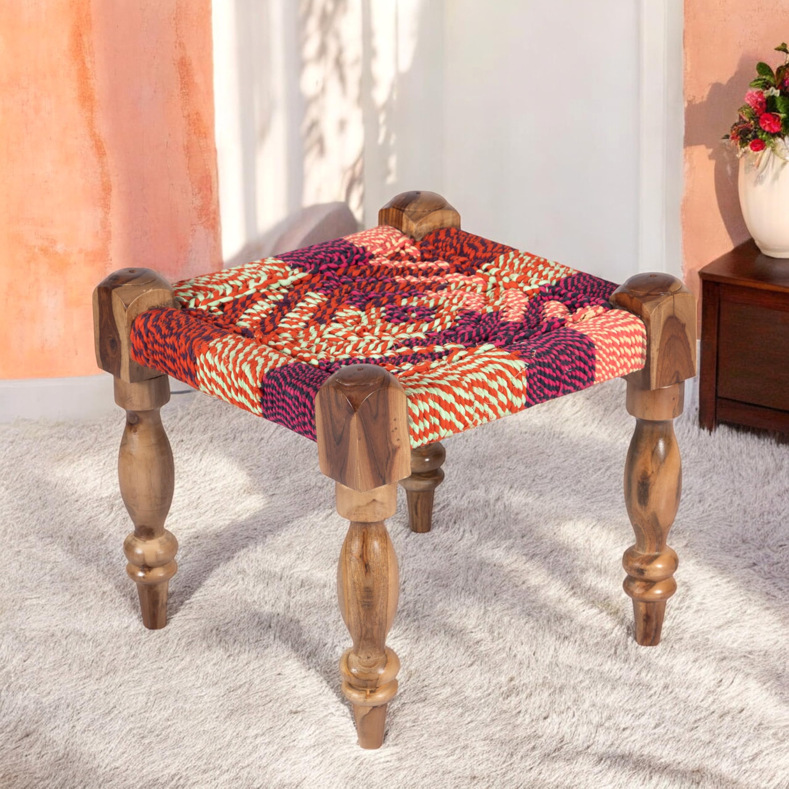 Ikiriya Riaza Solid Sheesham Wood Rope Ottoman Macchi Stool Wooden Pouffes Canning Stool for Living Room Home and Office (Multi-Colour)-image-12