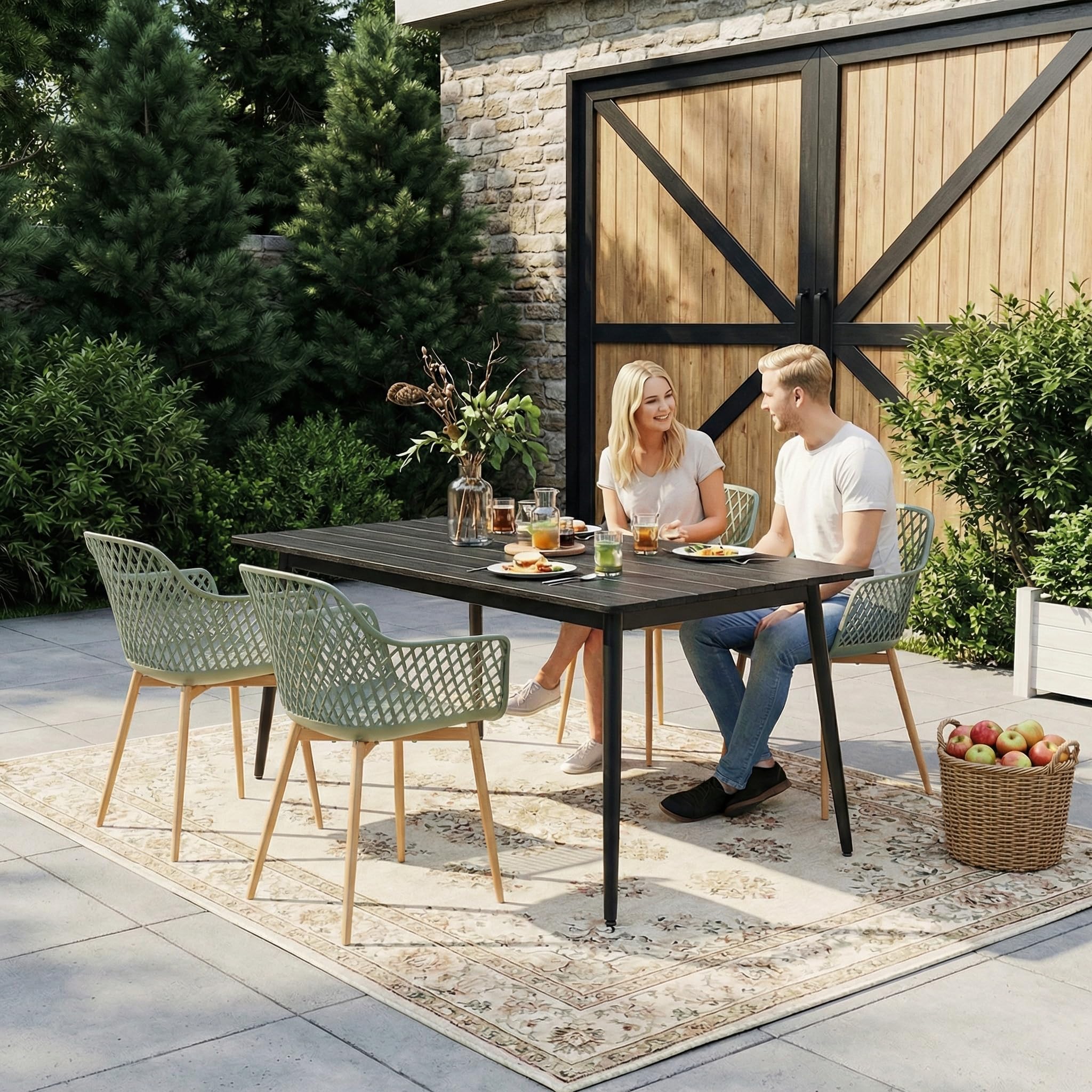 buybyroom Chaise de Jardin Exterieur Lot de 6, Chaise Plastique avec Accoudoir et Pied en Métal, Fauteuil Jardin Exterieur pour Terrasse,Balcon,Salle a Manger,Salon,Dossier à Design Ajouré,Grise-verte