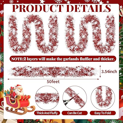 Miniatura 2 de Guirnalda de oropel de Navidad de 50 pies, guirnaldas de oropel con purpurina de copo de nieve rojo y blanco, serpentinas colgantes metálicas para