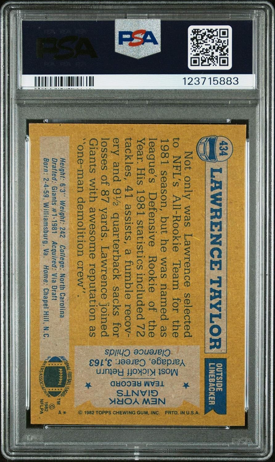 Graded 1982 Topps Lawrence Taylor #434 Rookie RC Signed Football Card PSA 9 Card - Auto Grade 10