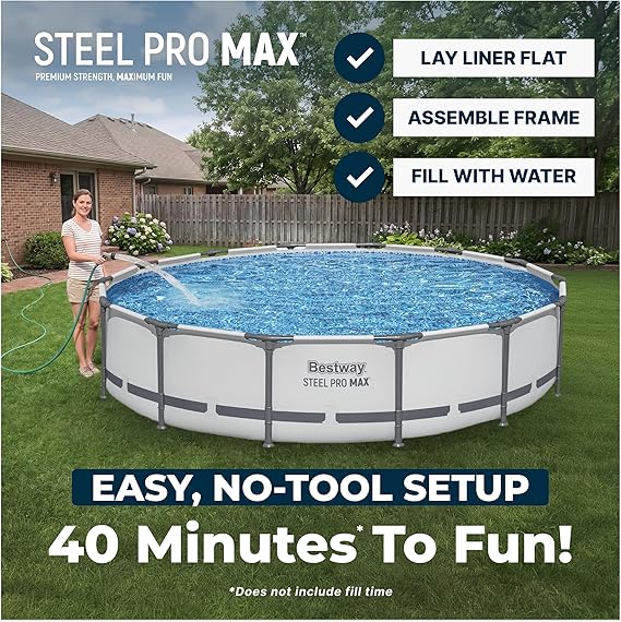 Bestway Steel Pro MAX 14' x 33 Round Above Ground Swimming Pool Set, 530 GPH Filter Pump, Tritech Puncture Resistant Liner, ClickConnect Steel Frame, Gray