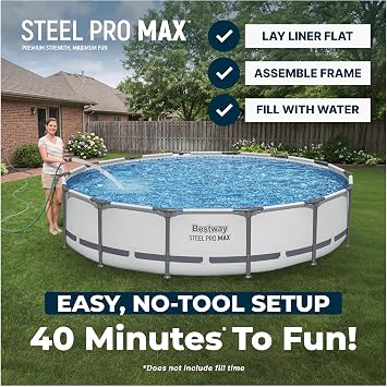 Bestway Steel Pro MAX 14' x 33 Round Above Ground Swimming Pool Set, 530 GPH Filter Pump, Tritech Puncture Resistant Liner, ClickConnect Steel Frame, Gray