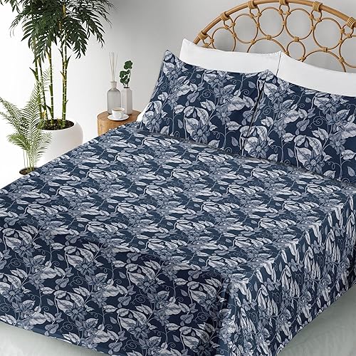 Miniatura 6 de Ambesonne Floral Sheet Set, Monochrome Vintage Art of Continuous Flowers and Leaves on Night Themed Back, Fitted and Flat Sheet with Pillowcase