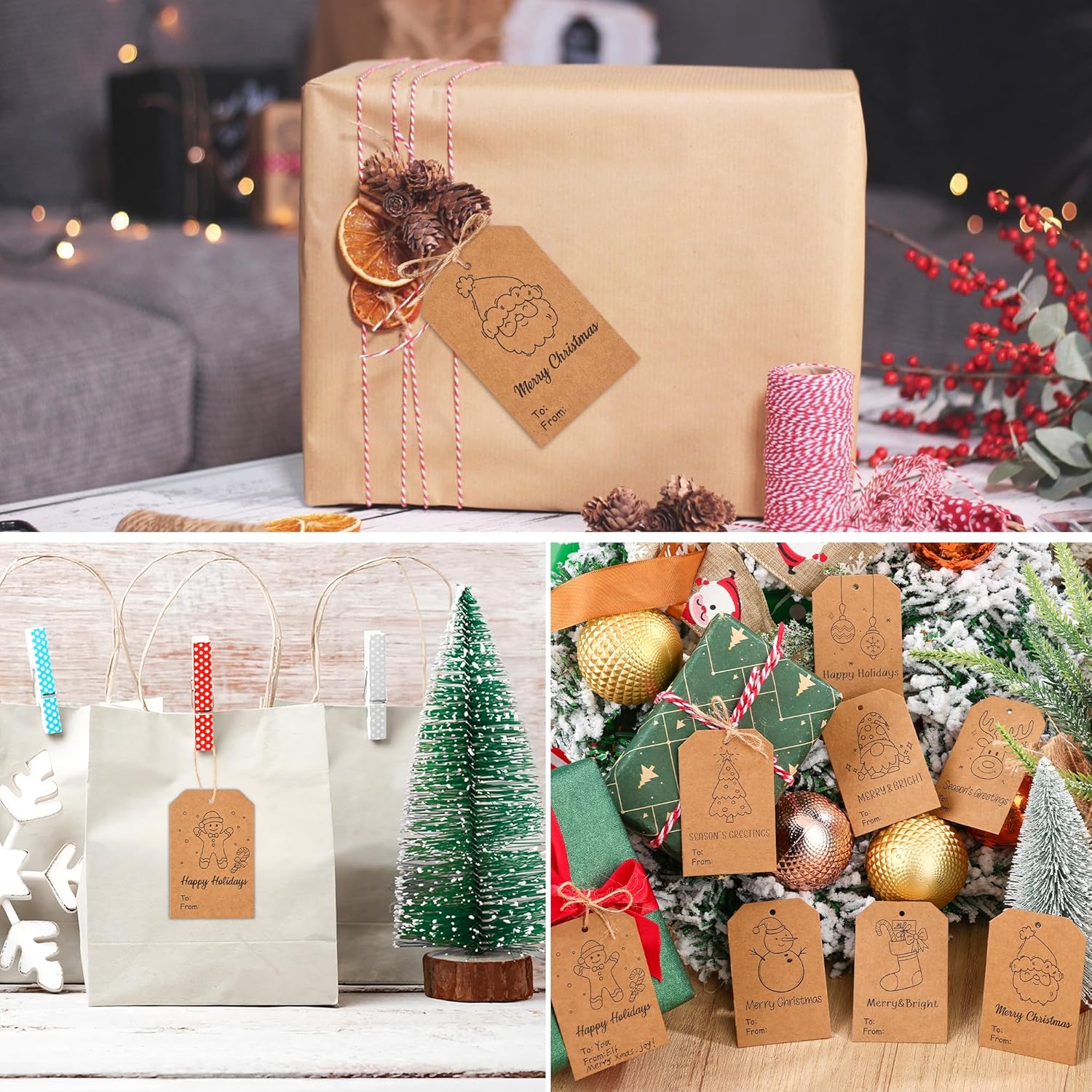 120 Pcs Christmas Gift Tags with String 3" x 2" Christmas Kraft Paper Name Tags Doodle Xmas Brown Kraft Paper Gift Labels for Xmas Holiday Presents DIY Gifts Wrapping Decorations - Image 6