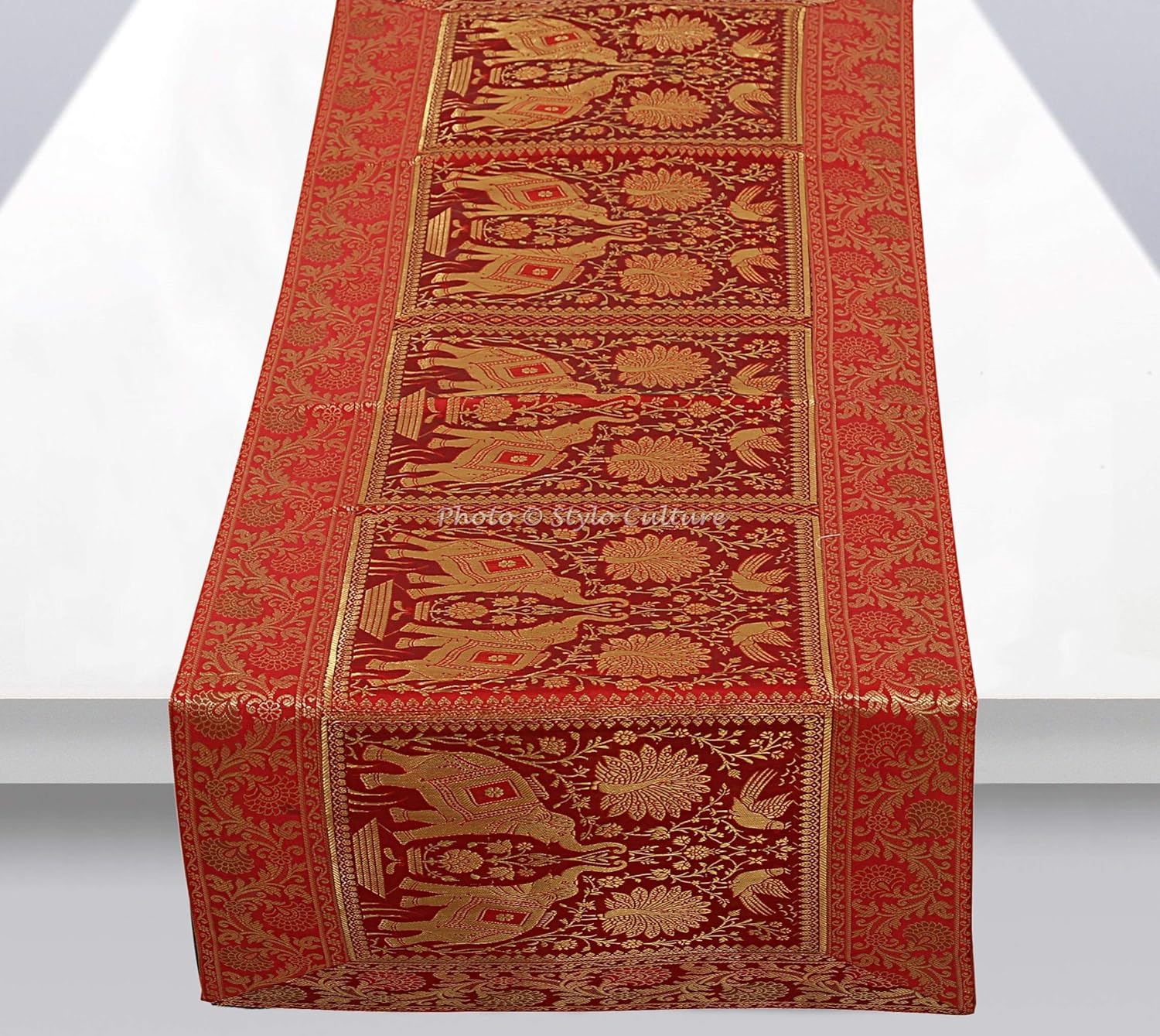 Brocade Jacquard Dining Table Runner Red Rectangular Bohemian Indian Home Decor Elephant Peacock Floral Ethnic Coffee Table Cloth | 60x16 Inches (152 x 40 cm)
