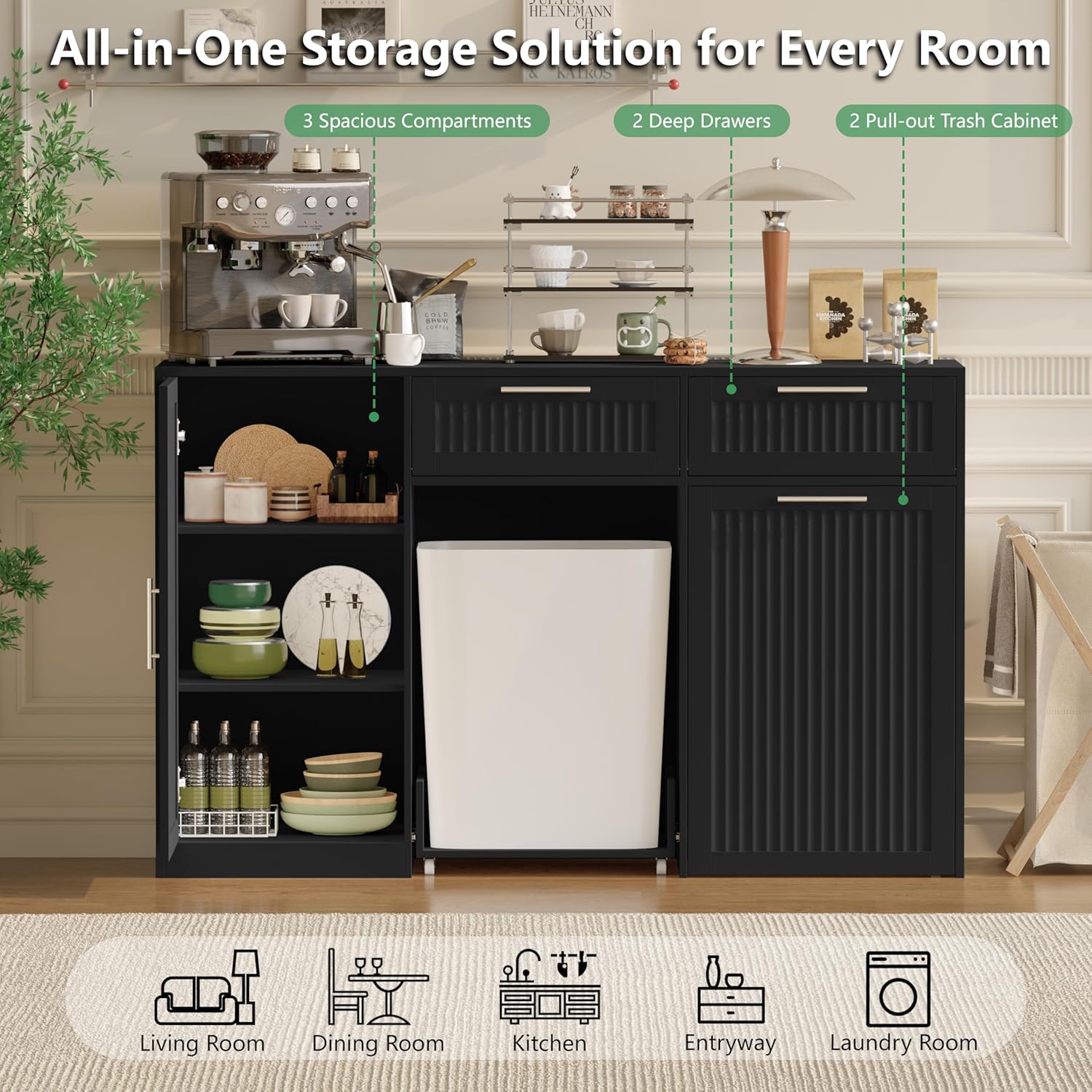 Double 13 Gallon Pull Out Trash Can Cabinet with Storage Drawer – Pet Proof Hidden Garbage Can Cabinet, Wood Farmhouse Trash Cabinet with 3-Tier Storage for Kitchen and Dining Room,Black