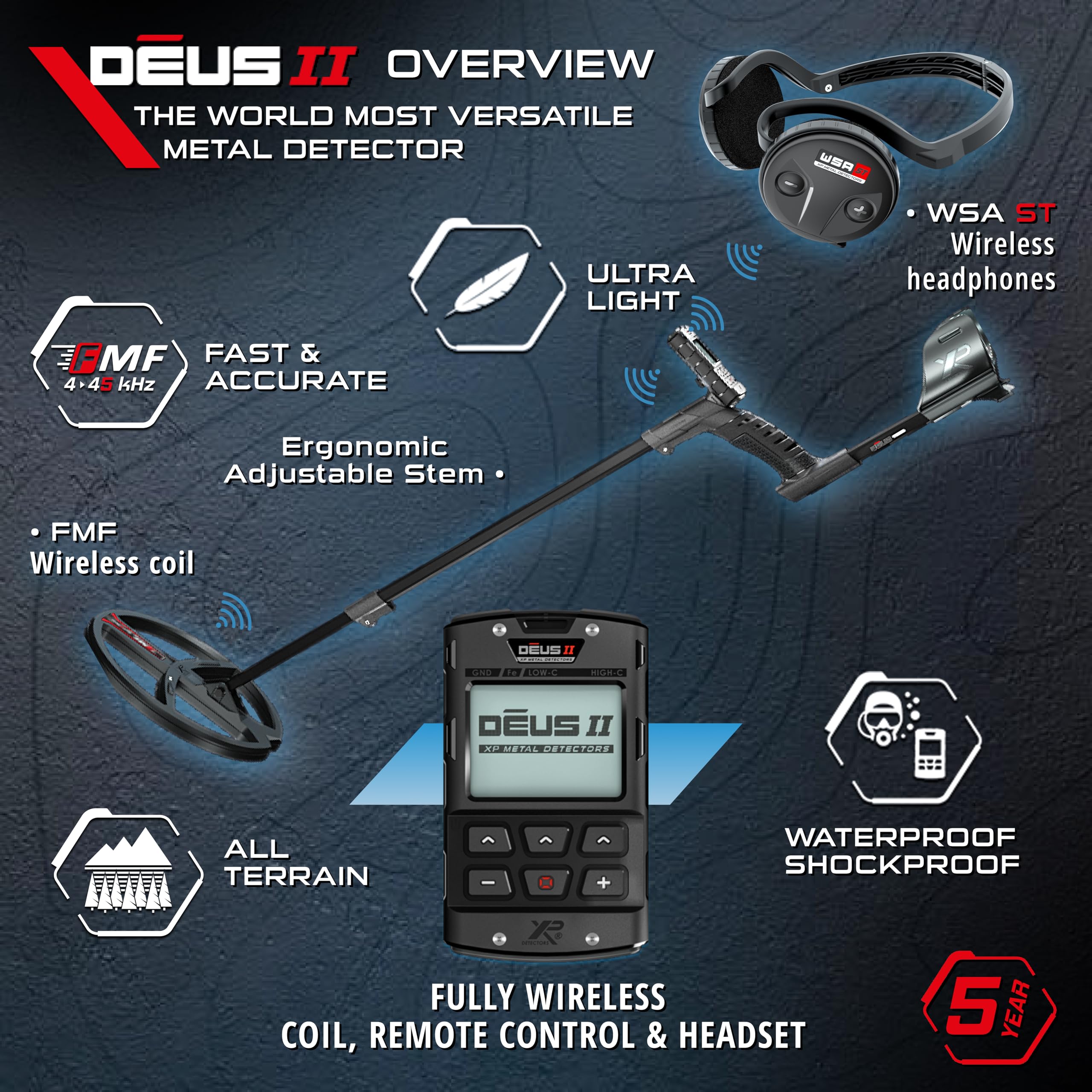 XP Metal Detectors Deus II + WSA ST - Detector de Metales multifrecuencia para Tesoros y Reliquias con Control Remoto, Plato FMF 22cm y Auriculares inalámbricos WSA ST (DEUS2-22FMFRC + WSAST)