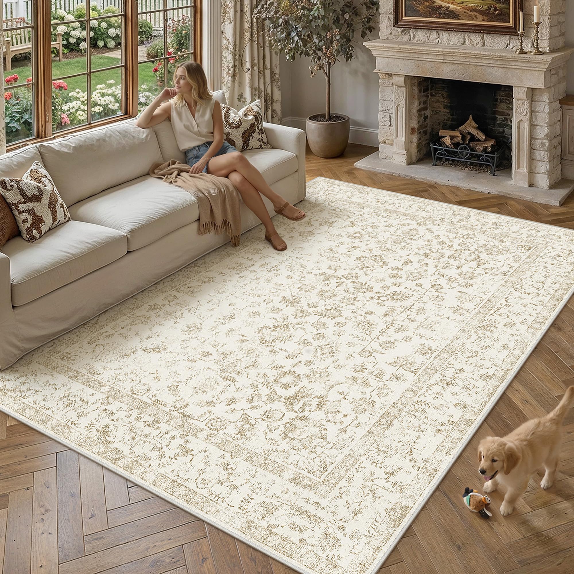 PureCozy Beige Teppich Wohnzimmer 200x300cm Vintage Waschbarer rutschfest Kurzflor Weich Bumen Boho Retro Groß Teppiche für Schlafzimmer Küchen Esszimmer Bedroom Living Room