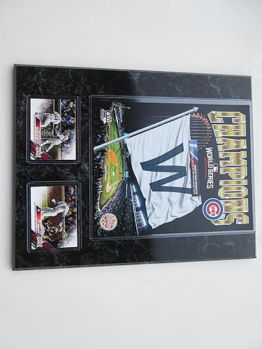 CUBS CHAMPIONS 2016 WORLD SERIES W FLAG FLIES OVER WRIGLEY FIELD PHOTO & 2 CUBS CARDS MOUNTED ON A BLACK MARBLE PLAQUE