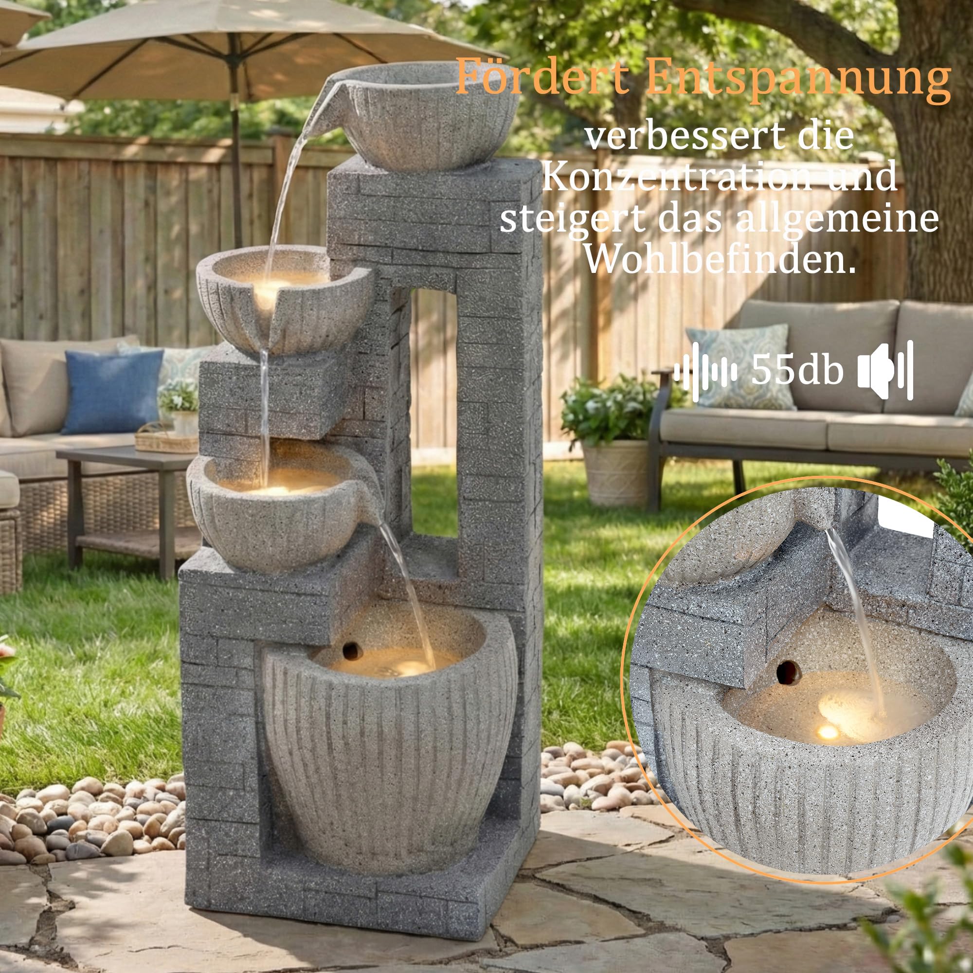 Gartenbrunnen, Brunnen Garten, Gartenbrunnen für Außen, 80 cm Schichtstein-Becken mit LED-Brunnen, aus Rostbeständigem Polyesterharz, für Garten, Terrasse, Balkon & Rasen (Grau)