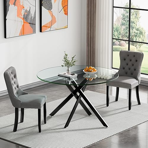 Miniatura 21 de Juego de mesa de comedor de cristal dorado moderno de 51 pulgadas para 4, juego de mesa de comedor rectangular de 5 piezas con patas cruzadas