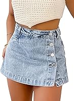 POLIRO Women's Trendy Denim Skort - High Waisted Stretchy Mini Jean Skirt with Shorts, Pockets & Slit