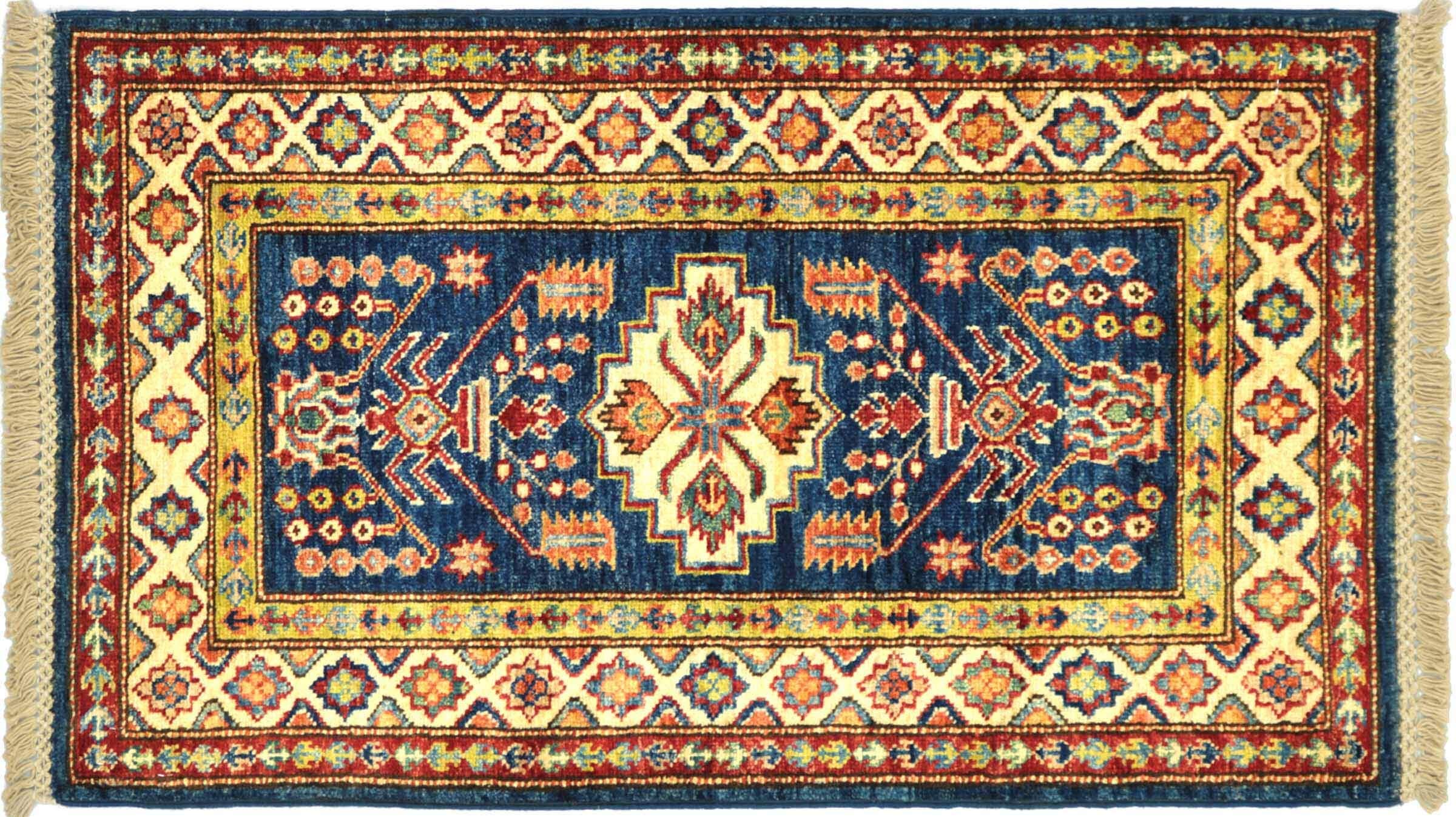 Tapis afghan Kazak fait main 60x90 cm avec bordure bleue