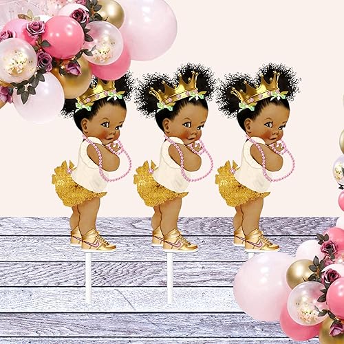 Miniatura 4 de Centros de mesa Little Gold Princess – Juego de 3 decoraciones de mesa de princesa afroamericana para baby shower o cumpleaños – Decoración de