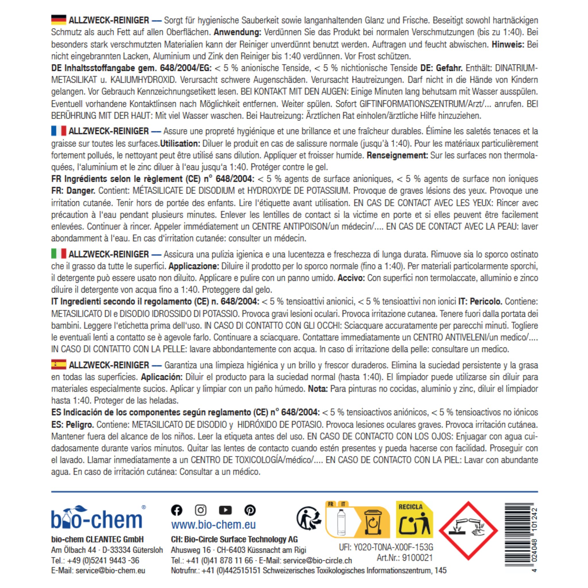 bio-chem Detergente multiuso concentrato 5L | Multi-superficie per la casa - Pulitore universale per tutti gli ambienti della casa