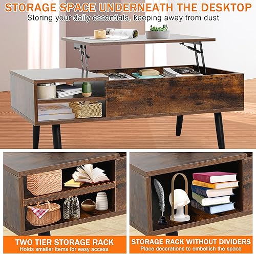 Miniatura 4 de Mesa de centro de madera elevable, mesa central de mesa elevadora, mesa de comedor pequeña y moderna con barra de aire elevable, con almacenamiento