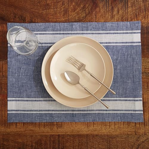 Miniatura 2 de Solino Home Farmhouse - Juego de 4 manteles individuales de tela a rayas 100 % lino puro, color azul y blanco, de 14 x 19 pulgadas