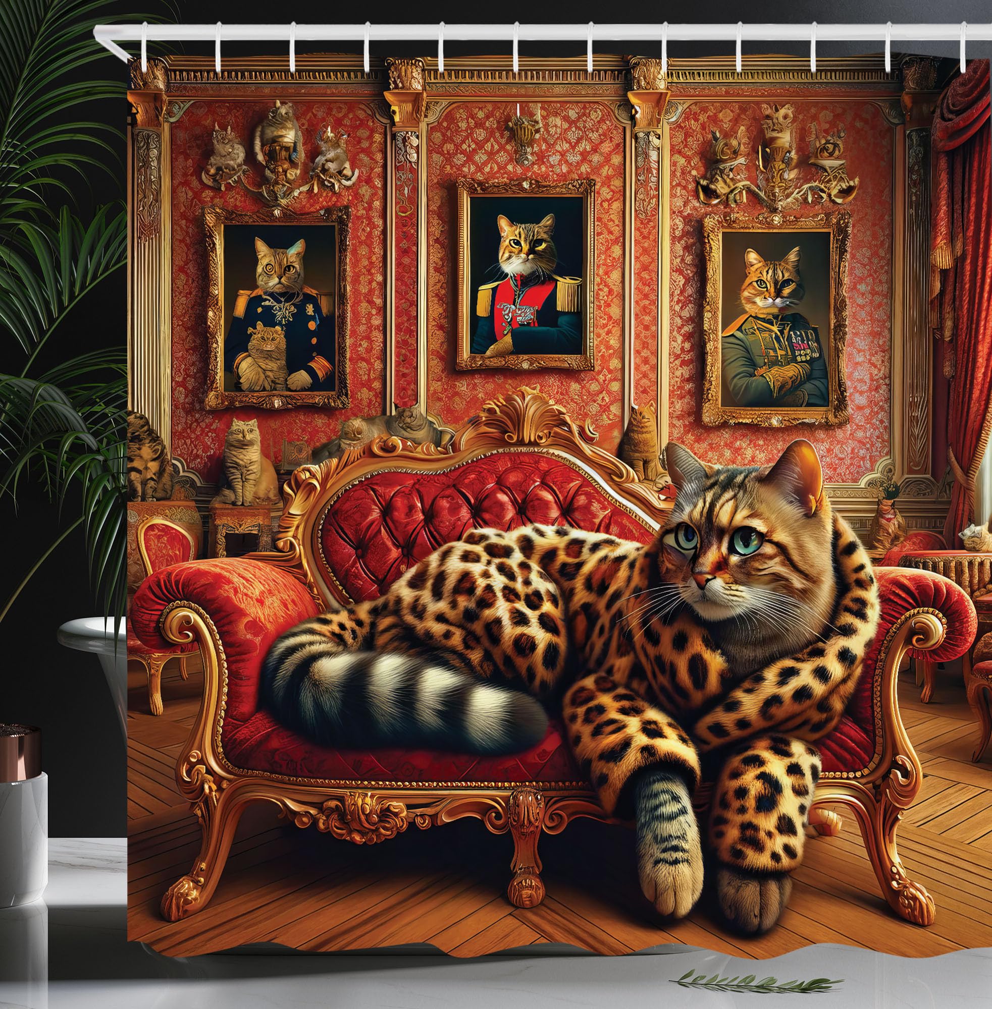 ABAKUHAUS Cat Shower Curtain, Royal Kitty in Leopard Coat, Cloth Fabric Bathroom Decor Set with Hooks, 175 x 240 cm, Salmon