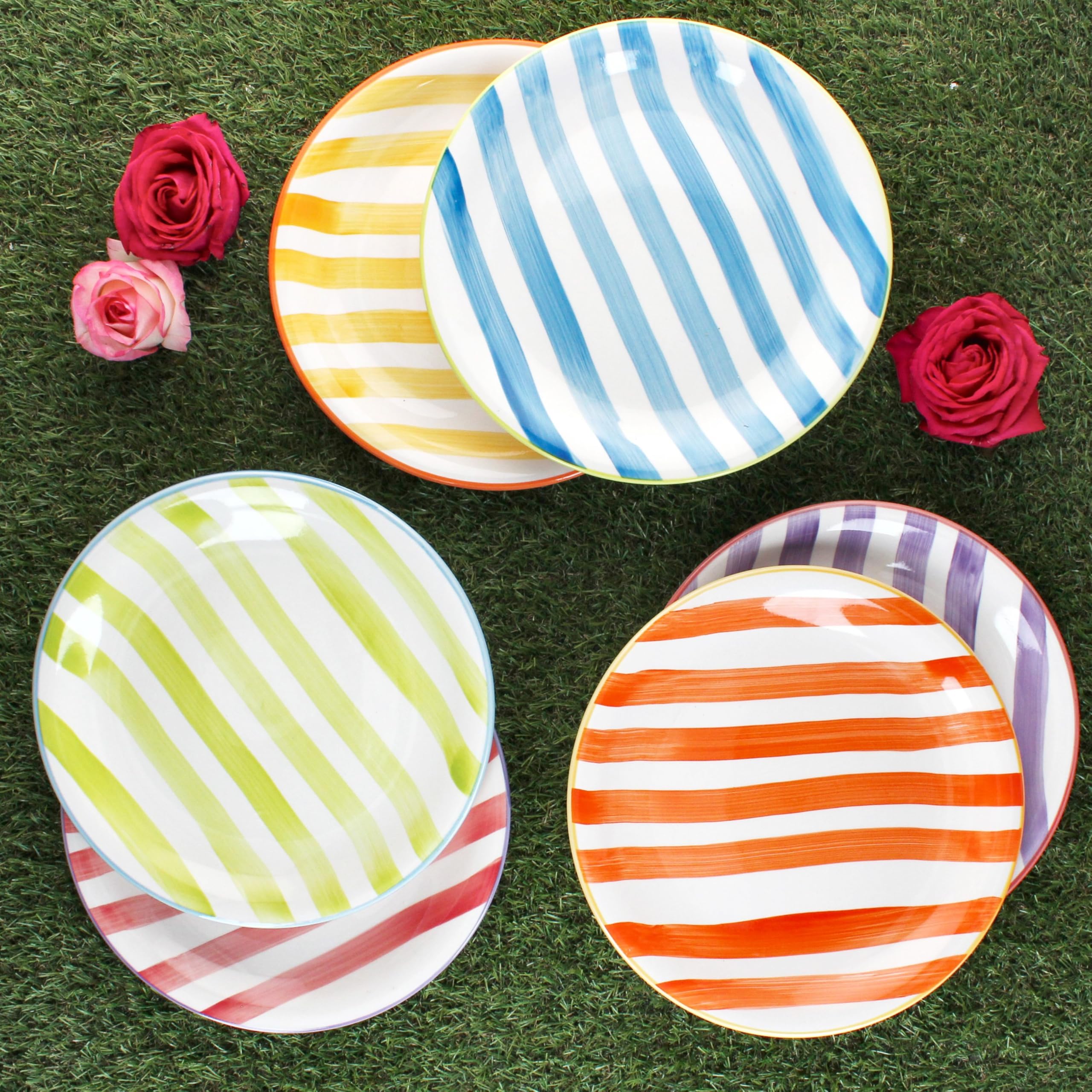 MamboCat Assiettes plates à rayures colorées, diamètre 26,6 cm, lot de 6 pour 6 personnes, repas principaux et barbecues