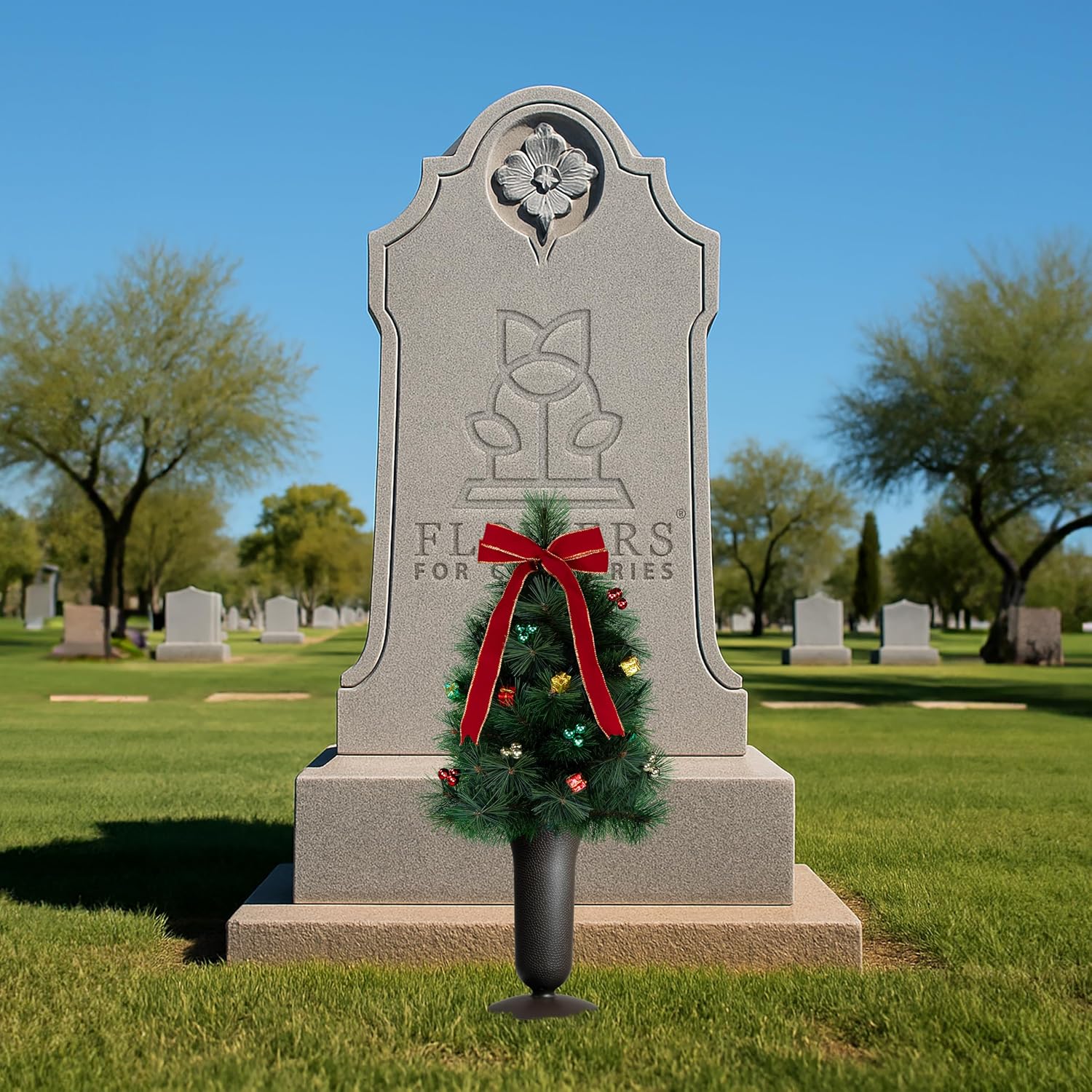 Sympathy Silks Artificial Cemetery Arrangements - 24" - Christmas Tree with Velvet Red Bow and Holiday Packages - (1) Tree (1) Vase