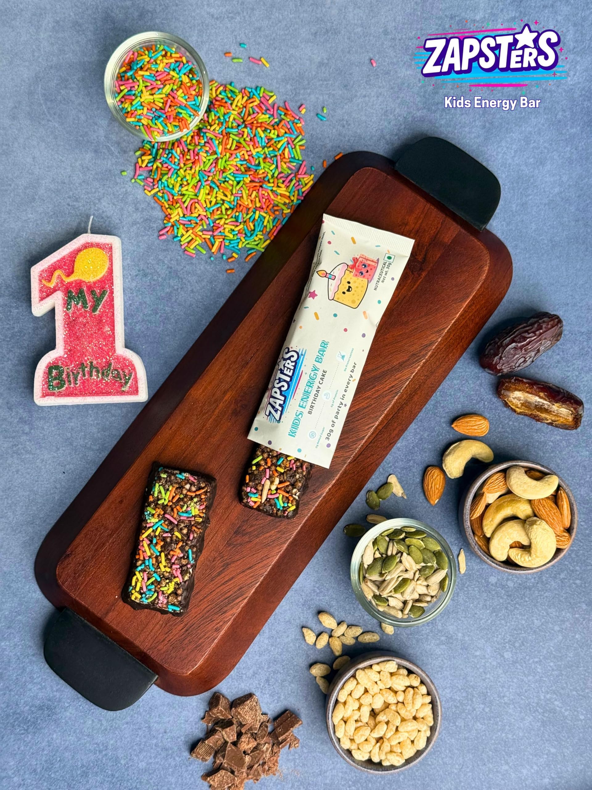 Zapsters Kids Energy Bar | Box of 6 (30g Each) Plant Based Snack | No Added Sugar | Gluten Free | No Palm Oil & Preservatives | Vegetarian (ASSORTED PACK OF 6 ( 2 Birthday Cake + 2 Berry Blast + 2 Chocochips )) — Amazon image 5