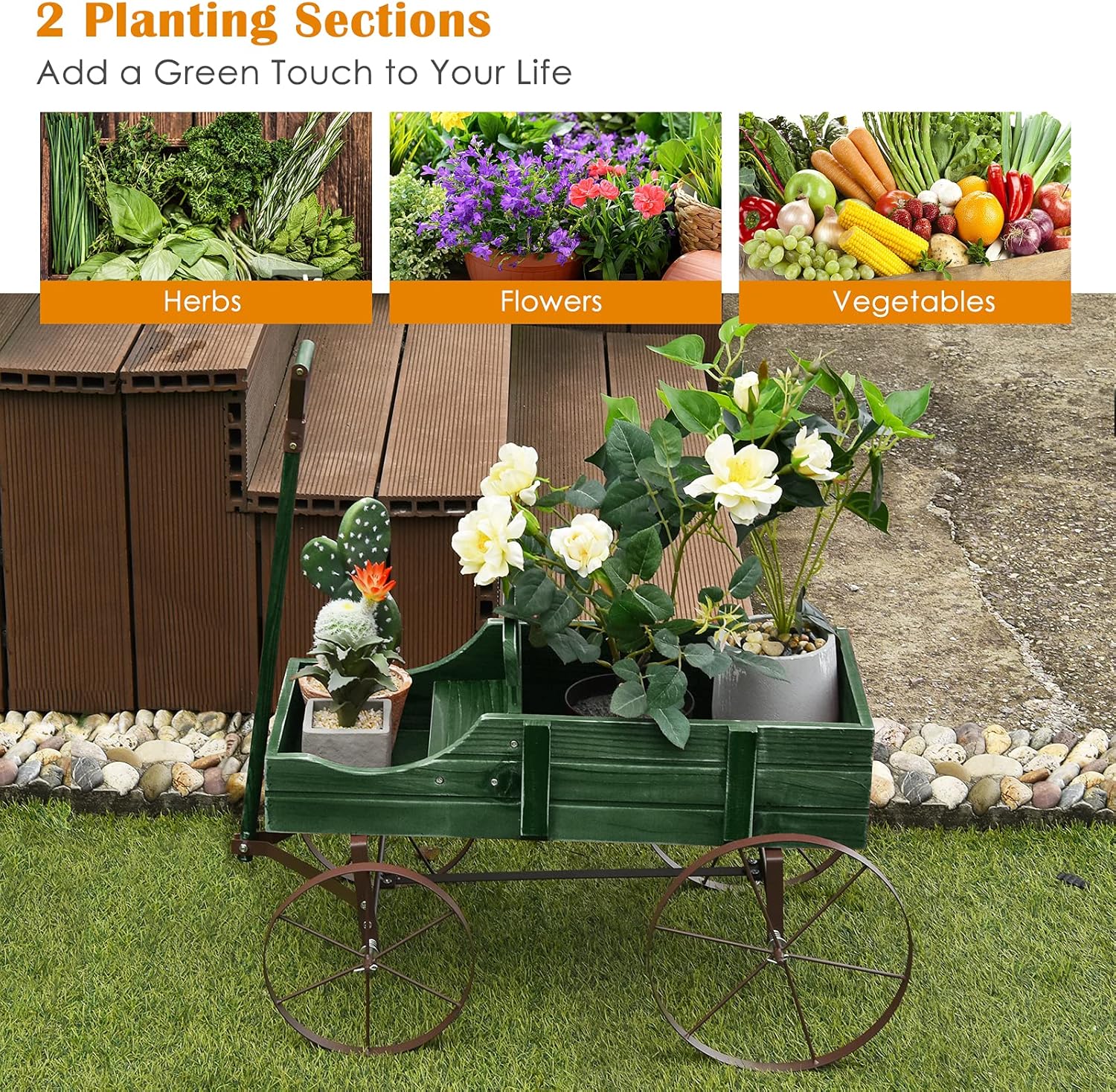 DREAMADE Wooden Wagon Planter with Wheels, Indoor/Outdoor Flower Cart w/Dual-Compartment & Adjustable Handle, Decorative Garden Planter for Home, Yard, Wedding (Green)