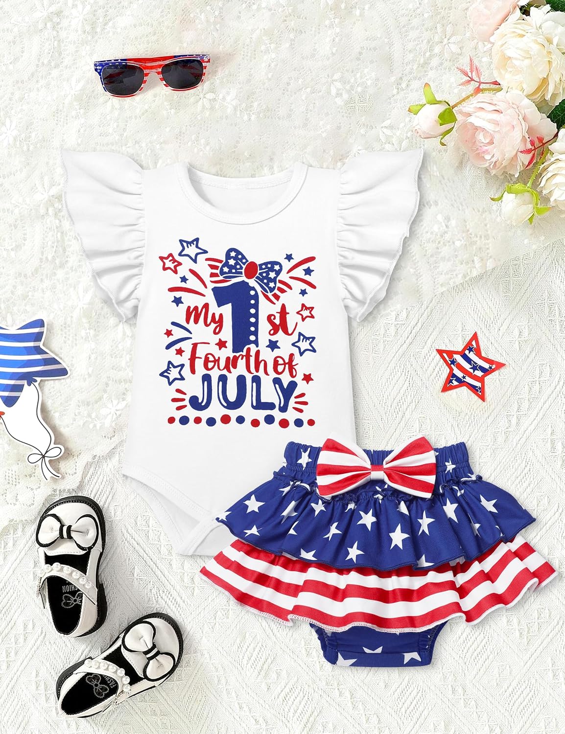 Baby Girl Clothes,Girl Summer Outfit Romper Sets Ruffle Short Sleeve Top+Shorts+ Bow Hairband 3Pcs Set