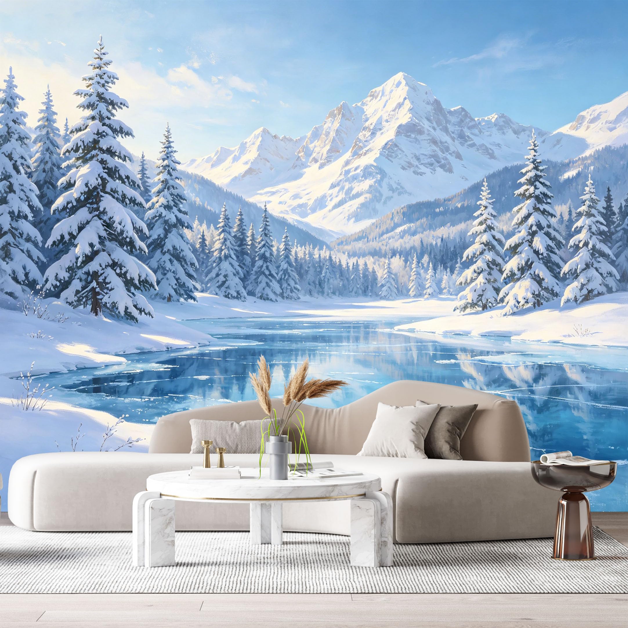 Custom Size Wall Murals Winter Mountain Landscape Oil Painting Snow Pine Forest Frozen Lake SelfAdhesive Wall Fabric Removable Large Wallpaper for Photo Living Room
