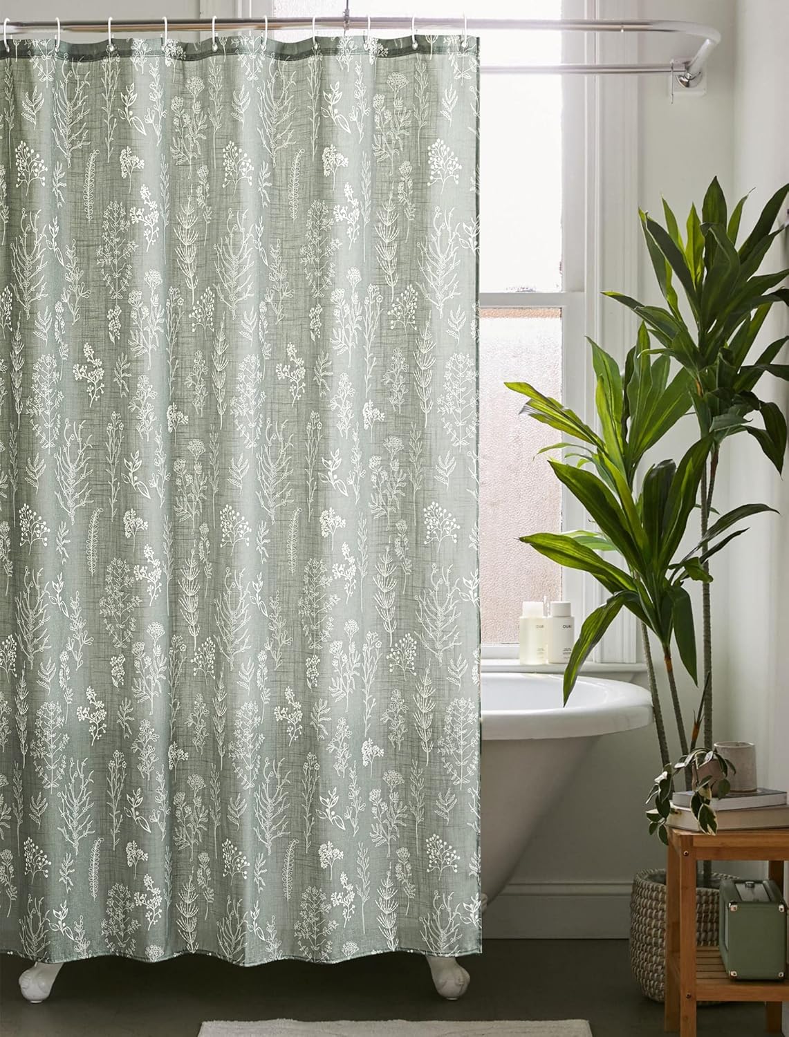 Estmy Green Botanical Linen Shower Curtain for Bathroom, Spring Summer Themed Hand-Drawn Boho Floral Plants Leaves Textured Fabric Shower Curtain Set Modern Farmhosue Vintage Bathroom Decor