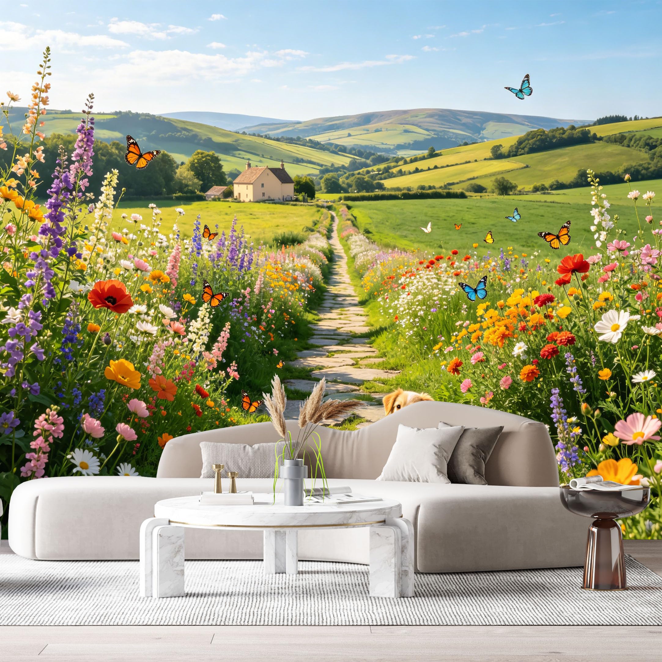 Custom Size Wall Murals Farmhouse Landscape Oil Painting Meadow Stone Path Butterflies SelfAdhesive Wall Fabric Removable Large Wallpaper for Photo Living Room
