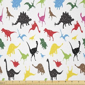 Ambesonne Dinosaur Fabric by The Yard, Tyrannosaurus in Modern Tones Fantasy Jurassic Joy Cartoon History Animals Pattern, Stretch Knit Fabric for Clothing Sewing Arts Crafts, 1 Yard, Vermilion Yellow