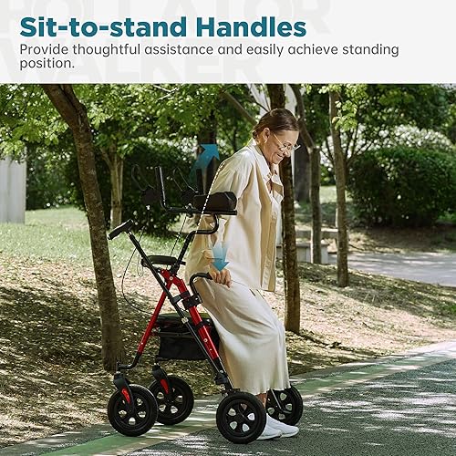 Miniatura 6 de ELENKER Andador Vertical Todo Terreno, Andador Rodante de Pie con Ruedas Grandes de PU de 10'' y Reposabrazos Acolchados Ajustables para Personas