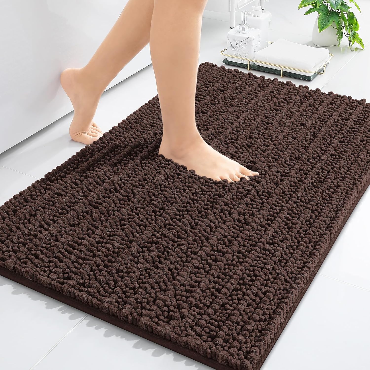 arotive luxury chenille bathroom rug mat, extra soft thick absorbent shaggy bath rugs, non-slip machine wash dry, plush bath mats for bathroom, shower and tub, 24x16, brown 24" x 16" brown